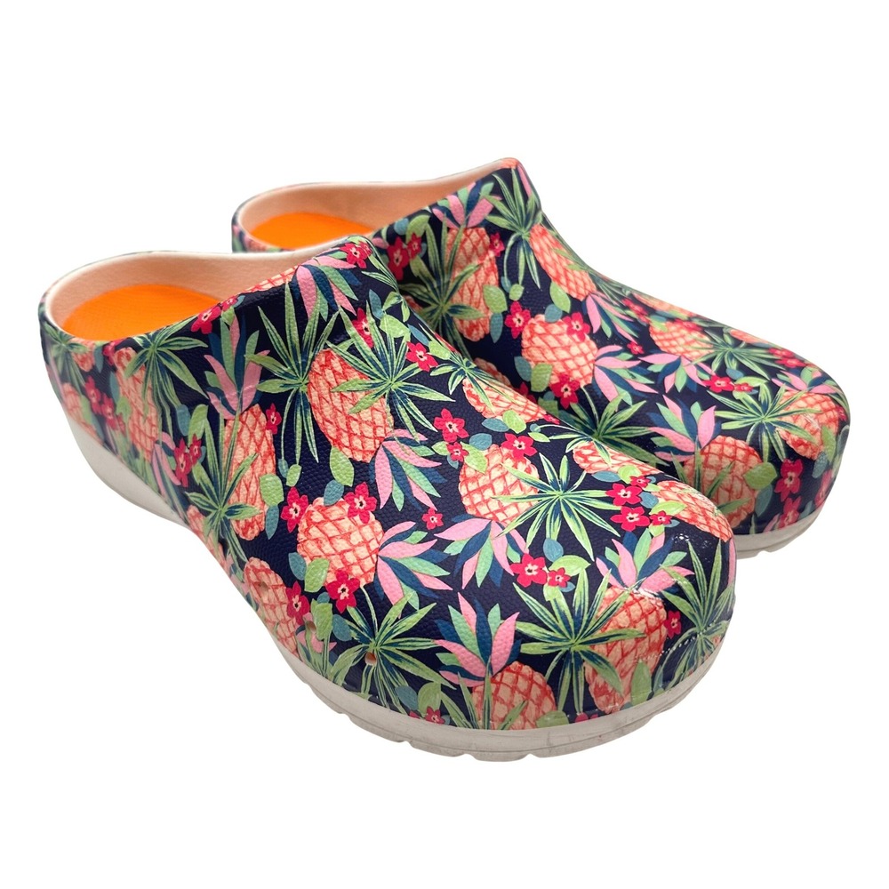 Dansko Kane Pineapple Floral Eva Open Back Clogs Navy Orange Tropical 37/6.5-7